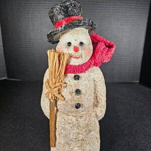 Country Sampler Primitive Snowman Figurine With Red Scarf Holding Broom Textured